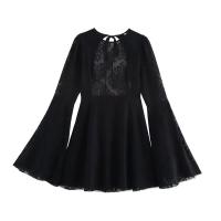 OUWU- Vestido de manga larga de trompeta sin espalda con cuello redondo estilo europeo y americano, vestido pequeño negro de encaje sexy para chica caliente. - details 1