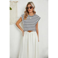 BUNO-2025 Tops para mujer, pantalón corto informal de moda de verano, camisetas básicas con textura a rayas de Color sólido y cuello redondo - details 65