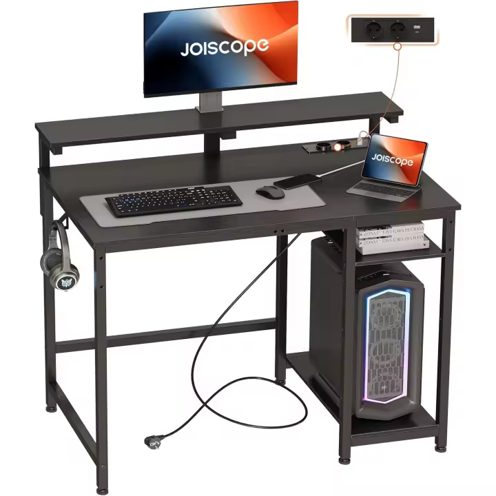 Escritorio de Ordenador con Soporte para Monitor Almacenamiento Reversible y Ganchos Para Juegos - 1