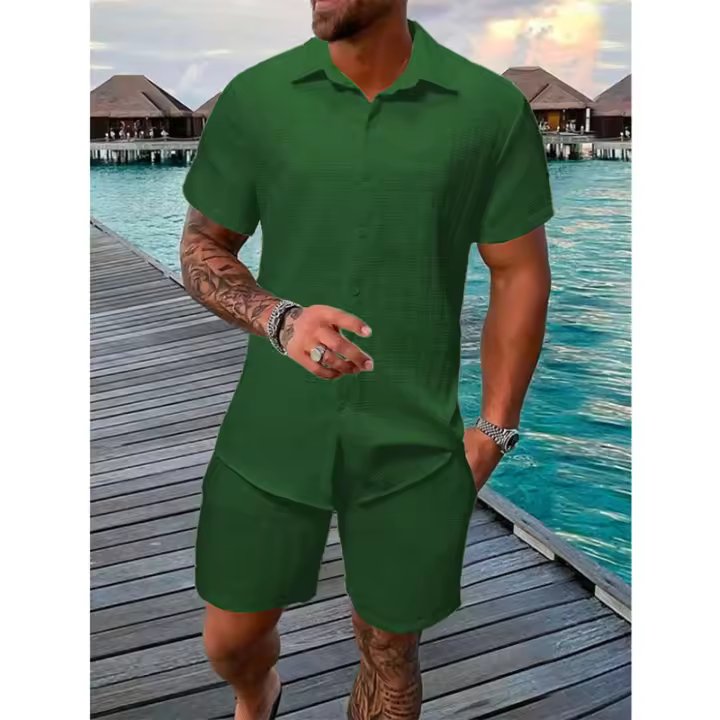 Traje jacquard de verano 2025 para hombre, conjunto de dos piezas de camisa y pantalones cortos de estilo casual para vacaciones. - 1
