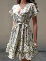 Mini Vestido Floral de Verano Cuello en V, Manga Corta con Volantes, Vestido Elegante de Línea A con Cinturón para Mujeres - details 8