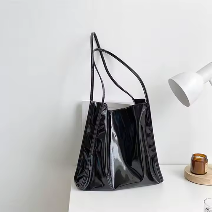 Hombro de charol de color sólido para mujer, bolso simple, bolso de compras informal para fin de semana, bolso de mano - 1