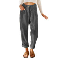 Pantalones largos de pana de cintura alta, casuales, de color sólido, holgados y rectos para mujer, otoño. - details 37