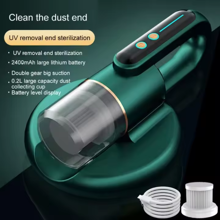 Limpiador de ácaros del polvo para colchones de cama, aspiradora de mano inalámbrica de 4KPa, doble golpe de alta frecuencia, con lámpara UV para matar virus, color verde - 1