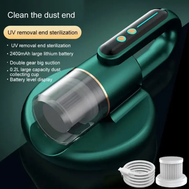 Limpiador de ácaros del polvo para colchones de cama, aspiradora de mano inalámbrica de 4KPa, doble golpe de alta frecuencia, con lámpara UV para matar virus, color verde - 1