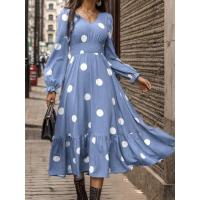 Moda femenina 2024 Primavera Vestido acampanado de manga larga con cuello en V y estampado de lunares - details 5