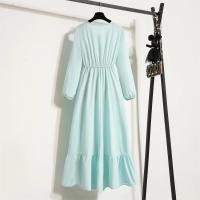 Vestido largo ajustado a la cintura con jersey de manga larga de color liso para mujer - details 11
