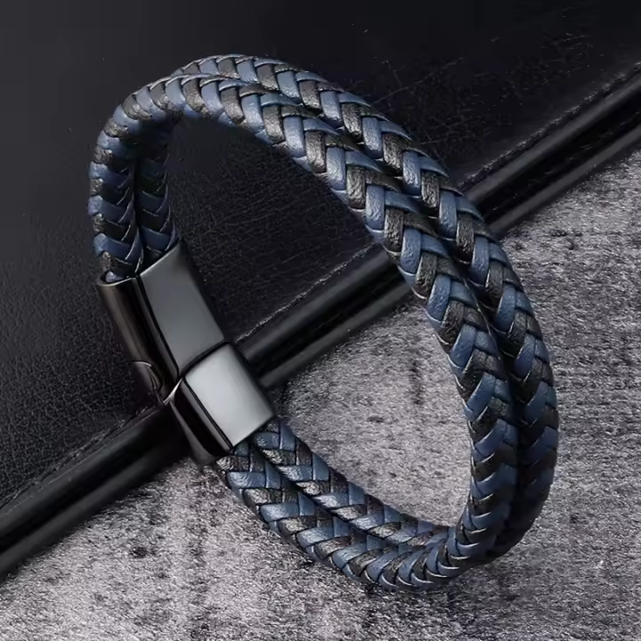 Pulsera De Cuero Genuino Para Hombres Diseño Especial Azul Y Negro Regalo De Boda De Navidad Cumpleaños Pulseras Y Bangles De Moda - 1