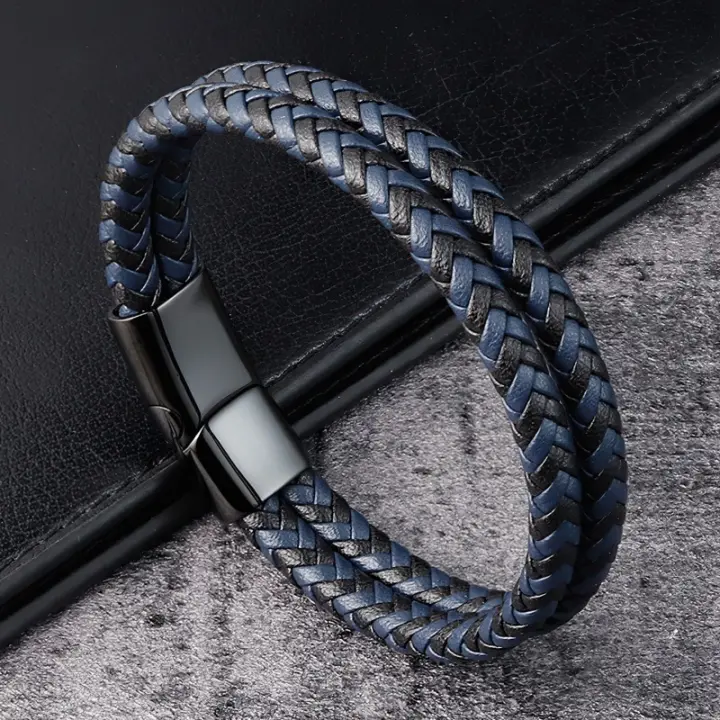 Pulsera De Cuero Genuino Para Hombres Diseño Especial Azul Y Negro Regalo De Boda De Navidad Cumpleaños Pulseras Y Bangles De Moda - 1
