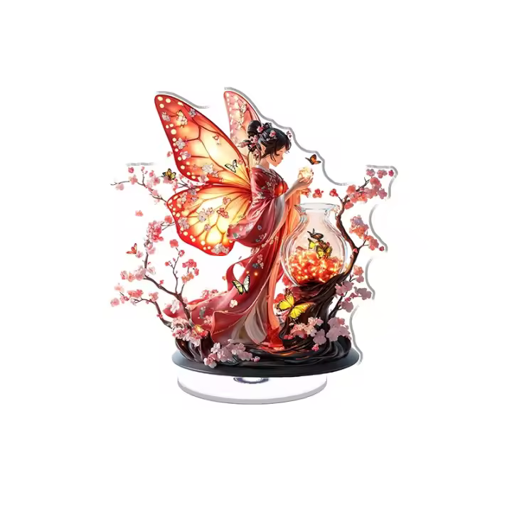 La exhibición acrílica giratoria presenta una mujer hada con un kimono rojo con alas de mariposa y un jarrón brillante de luciérnagas entre flores de cerezo. - 1