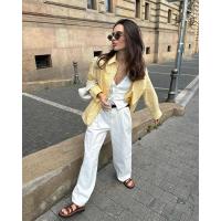 BUNO-2025 Primavera Verano amarillo manteca rayas mujeres camisas sueltas moda cuello vuelto solo pecho camisas finas para mujer - details 5
