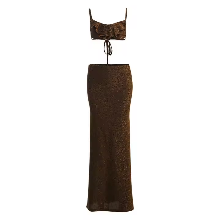 BUNO-Conjunto elegante de 2 piezas para mujer, camisola con borde de hongo, Tops y faldas largas, trajes ajustados de vacaciones a juego de verano - 1