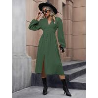 Vestido Elegante de Color Sólido para Mujer Primavera Otoño 2025 Cuello en V Manga Larga con Abertura Promoción - details 7