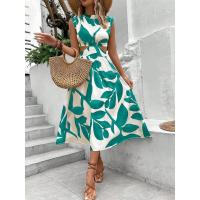 Vestido largo de mujer con estampado floral de plantas, cuello redondo, manga corta y cintura alta para el verano de 2024 - details 17