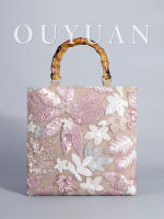 Bolso tote vintage para mujer con bordado de lentejuelas y asas de bambú - details 2