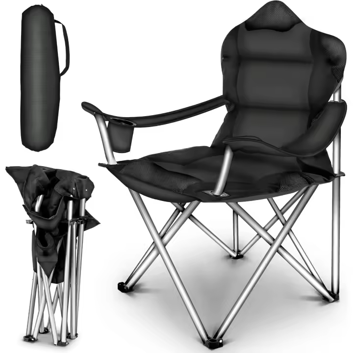 Camping Plegable y transportable |   hasta 150 kilos |    Pesca portátil con reposabrazos y portabebidas (Negro) - 1