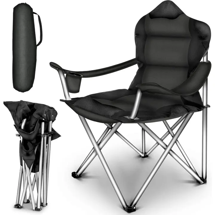 Camping Plegable y transportable |   hasta 150 kilos |    Pesca portátil con reposabrazos y portabebidas (Negro) - 1