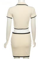 Conjunto de 2 piezas acanalado para mujer, Top corto con cuello tipo Polo y botones y minifaldas, ropa de calle elástica elegante - details 6
