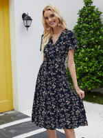 Summer floral print women boho short sleeve v neck split elegant a line party beach dress - details 30