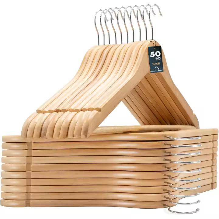Perchas de Madera Natural Paquete de 20, Acabado Liso y Barnizado, Para Organizar Ropa, Gancho Giratorio 360, Ranuras para Hombros - 1