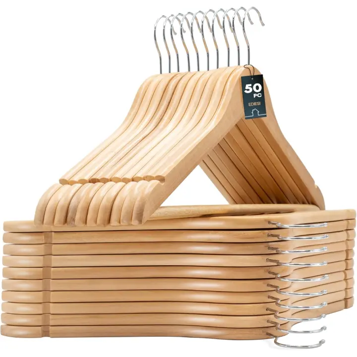 Perchas de Madera Natural Paquete de 20, Acabado Liso y Barnizado, Para Organizar Ropa, Gancho Giratorio 360, Ranuras para Hombros - 1