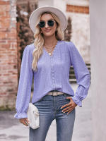 Blusa de gasa de retazos de encaje para mujer, camisa elegante informal de manga larga con cuello en V, trabajo de oficina, moda - details 3