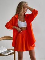 Conjunto de dos piezas de camisa de manga larga con cuello vuelto, botones y bolsillo, y pantalones cortos anchos de pierna, de algodón, estilo primaveral/veraniego. - details 21