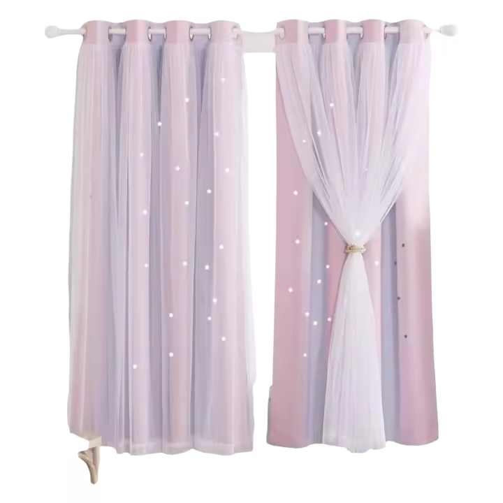 Cortinas Cortas Opaqueras Termales Niña Piezas Dobles con Estrellas Huecas y Gasa de Red - 1