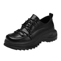 Zapatos Casuales de Cuero para Hombres Nuevos, Diseño de Cabeza Cuadrada, Suela Gruesa, Correas Personalizadas, Negro Puro - details 0