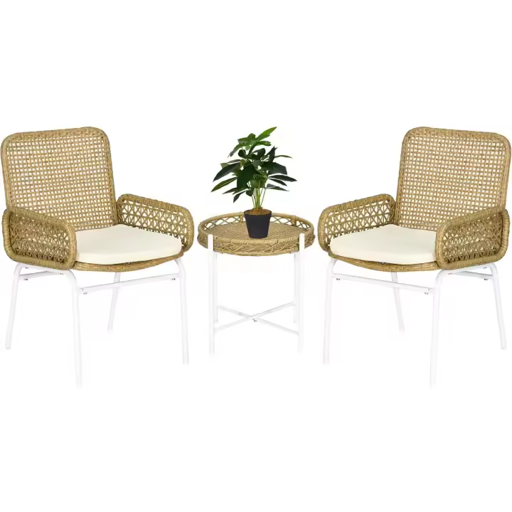 Juego de jardín de 3 piezas, sillas y mesa de ratán con 2 sillas, 1 mesa de centro y cojines para terraza o patio, natural. - 1