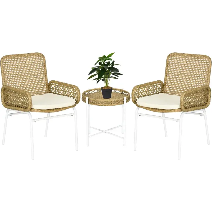 Juego de jardín de 3 piezas, sillas y mesa de ratán con 2 sillas, 1 mesa de centro y cojines para terraza o patio, natural. - 1