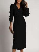 Vestido de noche elegante y bonito con cuello en V para mujer, vestidos Maxi divididos de Color sólido, moda nueva, Vestido de manga larga - details 3