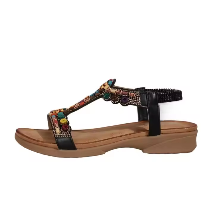 Sandalias de Tacón Plano para Mujer 2025 Estilo Boho con Cuentas de Madera y Strass - 1