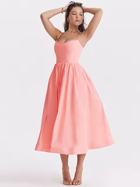 Elegante Vestido de Correa con Cinturón Rosa Vestido Medio de Verano 2024 sin Mangas para Mujeres - 1