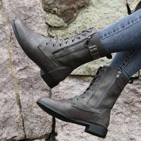 Botines de punta redonda con cordones para mujer, botas militares de combate de tacón bajo de media pantorrilla, botines de equitación - details 8
