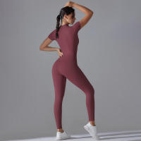 Body de yoga para mujer, ropa moldeadora deportiva de manga corta, traje de gimnasio de una pieza, nailon de color sólido - details 24