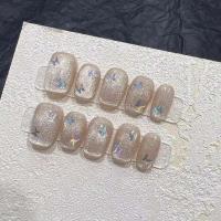 10 cristales en forma de ojo de gato, hermoso ensueño, mariposa, arte de uñas, brillo brillante, uñas postizas cortas, cuadradas y redondas, caramelo - details 4