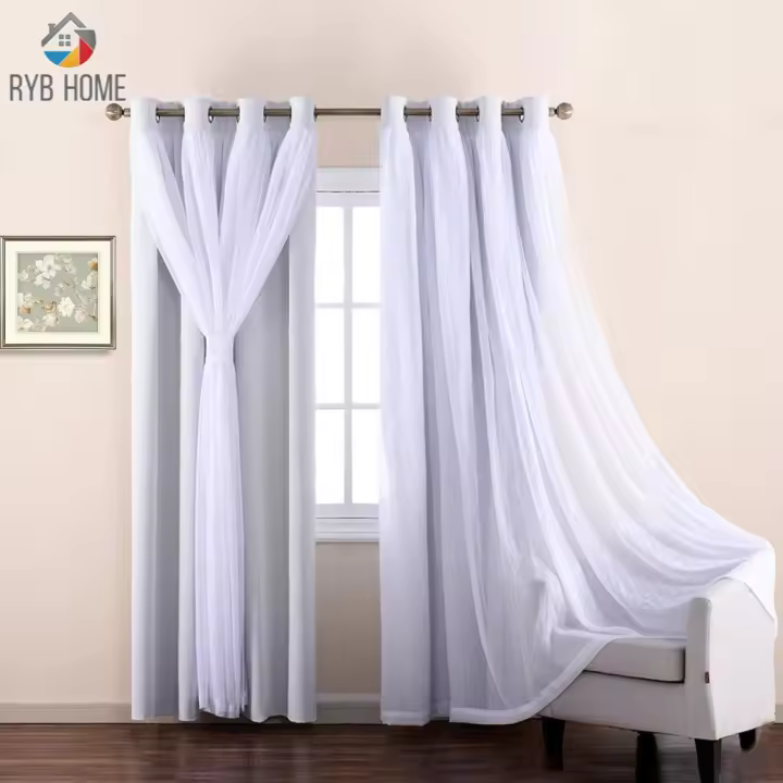 RYB-cortinas transparentes y opacas con lazo para el hogar, ojal de bloqueo, combinación de mezcla, gasa triturada elegante, para dormitorio y sala de estar - 1