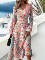 Primavera y otoño nuevo vestido de manga larga con cuello en V estampado de moda ajustado para mujer - details 1