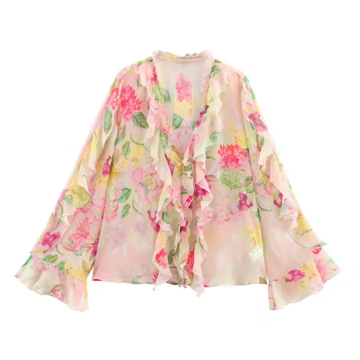 Camisa Elegante con Volantes Impresos Moda Veraniega para Mujer Estilo Informal - 1