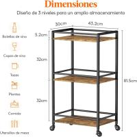 Carrito Auxiliar de 3 Niveles,Carrito de Servicio de té con Ruedas con Bloqueo,Carrito de Cocina y Alcohol para Comedor y Sala de Estar,43,2 x 30 x 81,5 cm, Marrón rústico - details 3