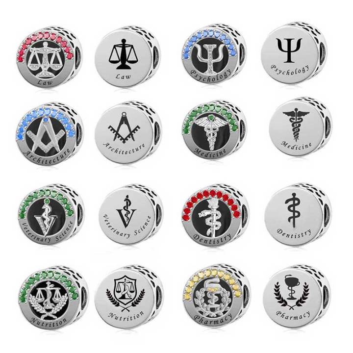 Plata de Ley 925 Color Piedra Profesión Arquitectura Nutrición Psicología Odontología Ley Medicina Fisioterapia Ciencia Veterinaria Farmacia Charms Beads Fit Original Pan Charms Pulsera para Mujer Joyería de Graduación Mayor