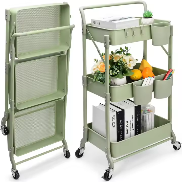Cocina de 3 Niveles, Carrito Plegable de Metal, Estante con Ruedas, Organizador de estantes, Estante de Cocina, Carrito Plegable Multiusos para Cocina, baño, Oficina (Verde) - 1