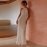 51618 Vestido largo de mujer sin espalda de tela plisada con personalidad nueva y transpirable con lazo de hoja de loto - details 19