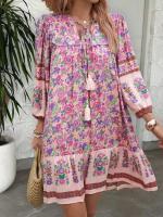 Vestido Corto Chic con Estampado Bohemio Cuello en V, Ajuste Suelto, Viscosa para Mujeres - details 4