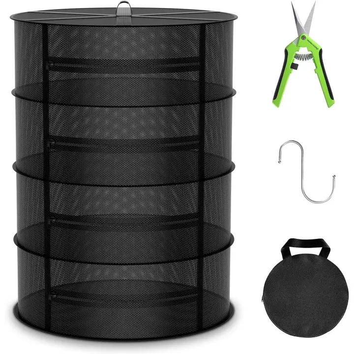 4 piezas, rejilla para secar hierbas de 4 capas, un gancho en S, una bolsa de almacenamiento, tijeras de jardinería, rejilla para secar plantas con cremallera, red negra para secar hierbas, flores, brotes, pescado, verduras - 1