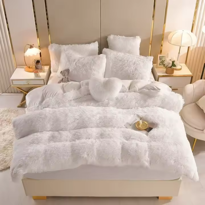 Juego de ropa de cama de lujo, edredón de terciopelo de visón Kawaii, con sábanas, individual y doble, color rosa cálido, para Otoño e Invierno - 1