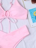 Nuevo conjunto de bikini de alta elasticidad verano 2025, sexy de dos piezas con cordones de color sólido para mujer, traje de baño de playa - details 38