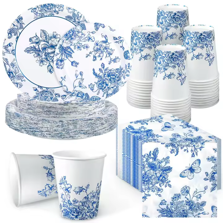 Juego de Vajilla Desechable Floral 200 Piezas Azul y Blanco para 50 Invitados - 1
