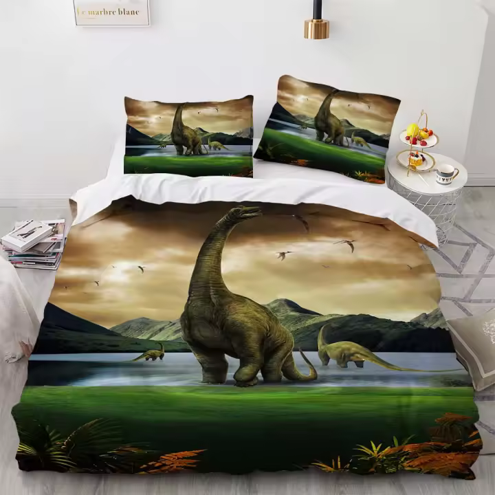 Juego de Fundas de Cama de Dinosaurios Tamaño Rey y Reina Patrón de Animales Salvajes de Dibujos Animados Ropa de Cama de Poliéster - 1